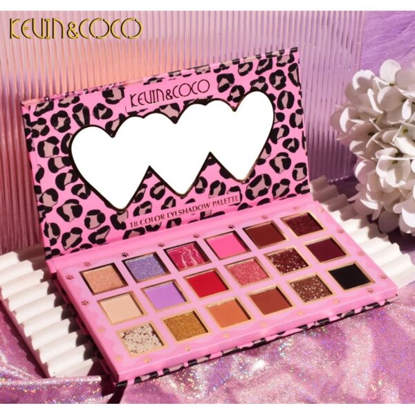 Paleta de farduri Kevin&Coco, 18 nuante, imprimeu leopard-print roz, oglinda interioara, dreptunghiulara, 19 x 10 cm, 180 g, multicolor - imagine 4