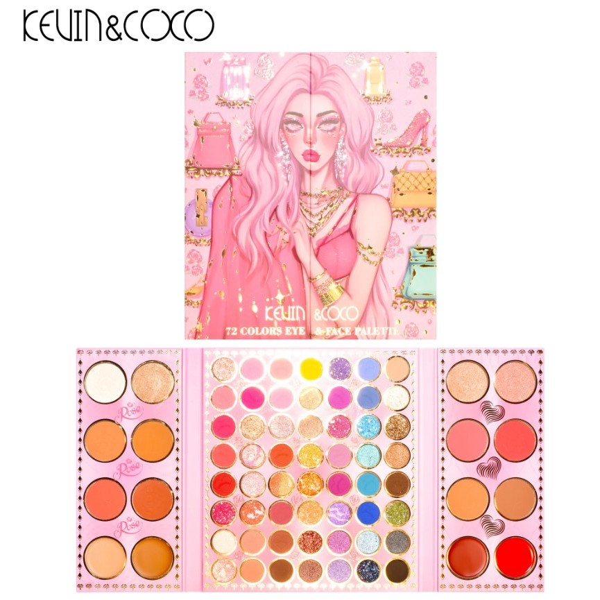 Paleta de farduri Kevin&Coco, 72 de culori, stil pliabil, conturing, iluminator, blush incluse, dreptunghiulara, 22 x 24.5 cm, 490 g, multicolor - imagine 3