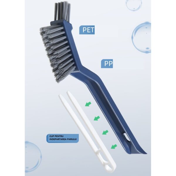 Perie 3in1 de Curatat Podele si Rosturi, , Lungime Maner 28 cm, Peri din PP, Otel si Plastic, Cleste pentru Scame si Par Inclus, Albastru - imagine 3