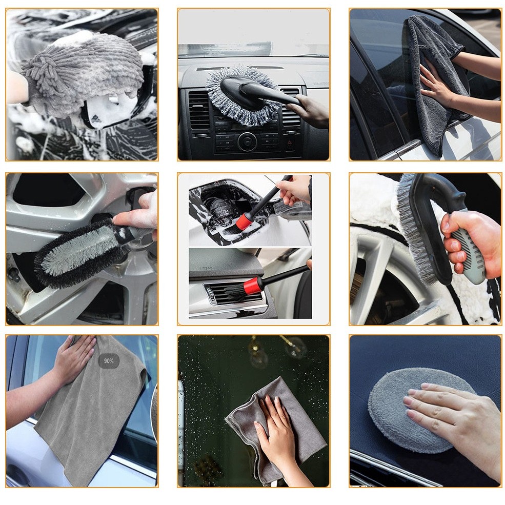 Set 9 Piese pentru Spalat Auto, Flippy, din Plastic si Microfibra, Perii si Lavete, Model A, Gri - imagine 4