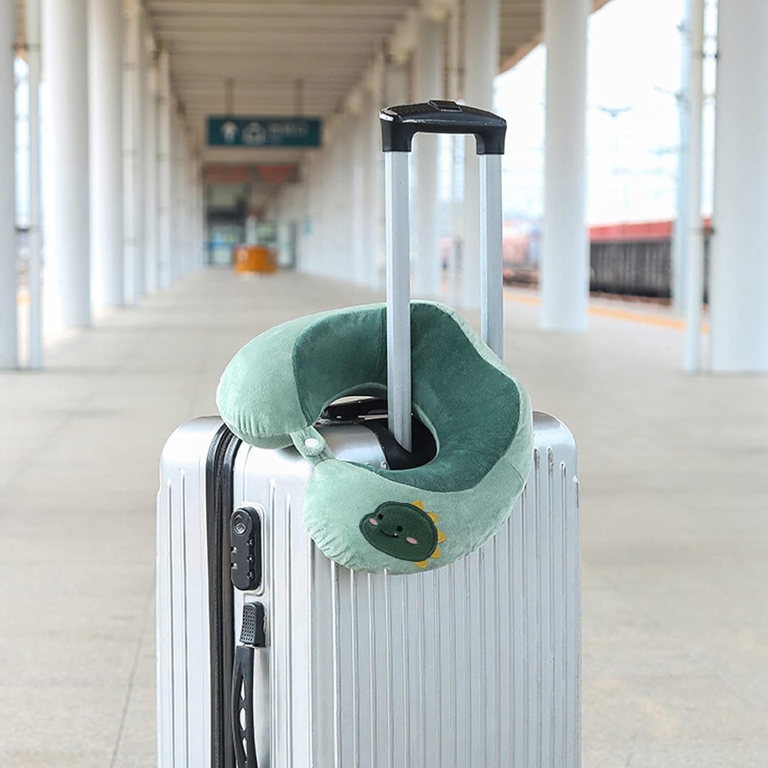 Perna de Calatorie, , Pentru Gat si Cap, Umplutura din Bumbac, 28x28x10 cm, cu Model Brodat Dinozaur, Verde - imagine 2