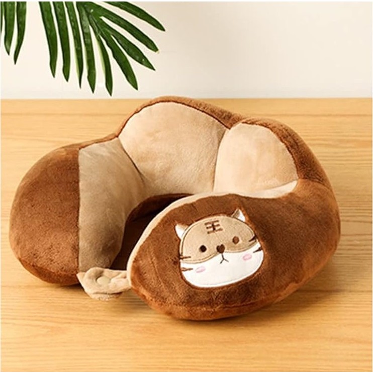 Perna de Calatorie, , Pentru Gat si Cap, Umplutura din Bumbac, 28x28x10 cm, cu Model Brodat Pisica, Maro - imagine 2