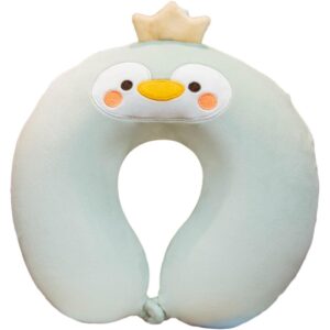 Perna de Calatorie in Forma de U, , Pentru Gat si Cap, Umplutura din Spuma cu Memorie, 30x30 cm, Model Pinguin, Accesoriu de Voiaj, Birou, Masina, Sistem Prindere Capse, Verde