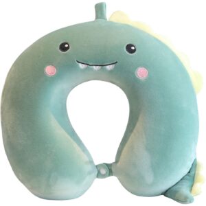 Perna de Calatorie in Forma de U, , Pentru Gat si Cap, Umplutura din Spuma cu Memorie, 30x30 cm, Model Dinozaur, Accesoriu de Voiaj, Birou, Masina, Sistem Prindere Capse, Verde