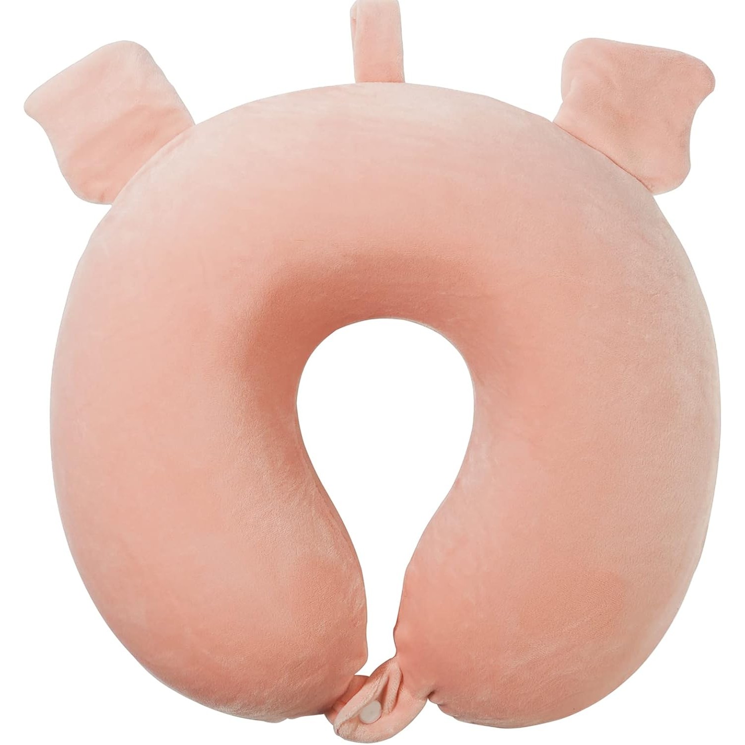 Perna de Calatorie in Forma de U, , Pentru Gat si Cap, Umplutura din Spuma cu Memorie, 30x30 cm, Model Purcelus, Accesoriu de Voiaj, Birou, Masina, Sistem Prindere Capse, Alb-Roz - imagine 3