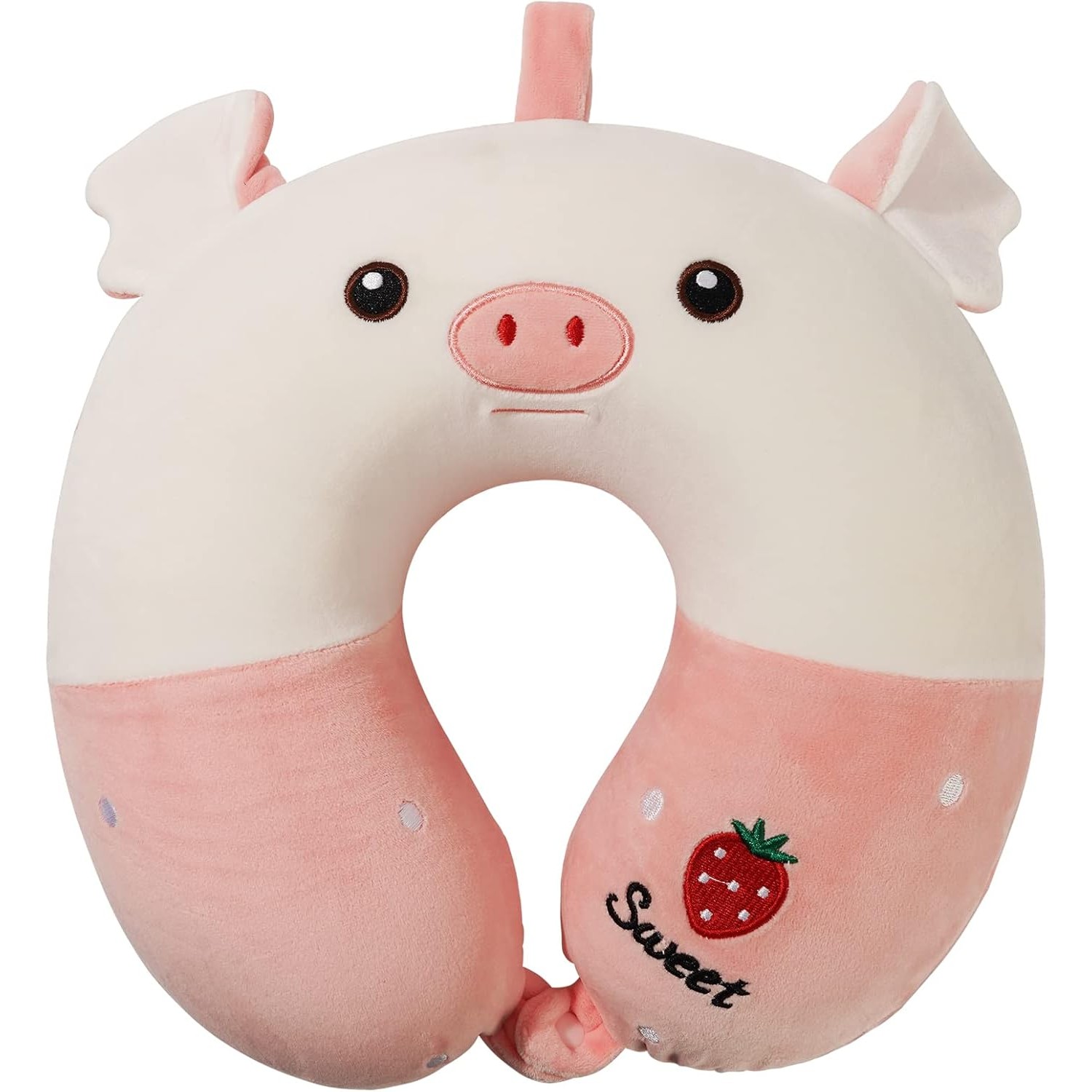 Perna de Calatorie in Forma de U, , Pentru Gat si Cap, Umplutura din Spuma cu Memorie, 30x30 cm, Model Purcelus, Accesoriu de Voiaj, Birou, Masina, Sistem Prindere Capse, Alb-Roz