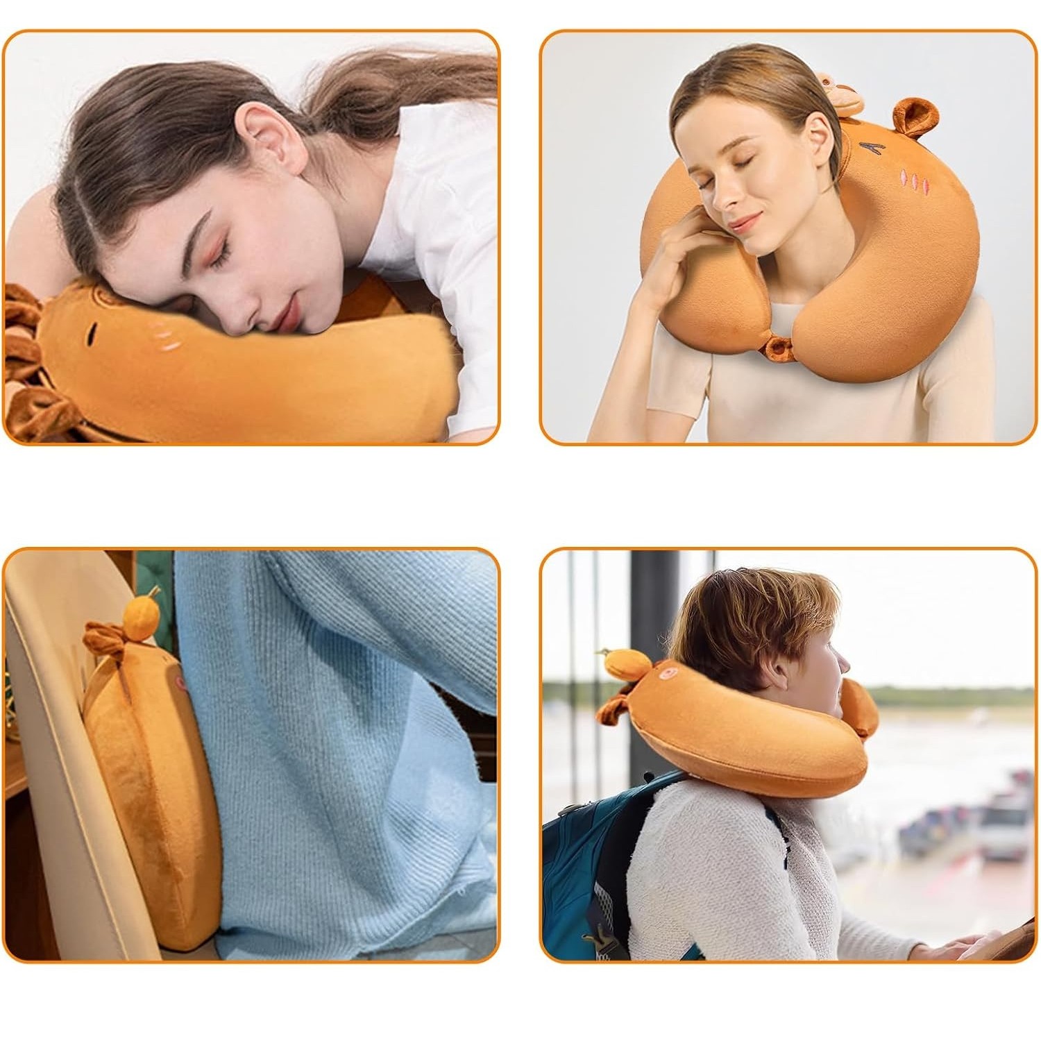 Perna de Calatorie in Forma de U, , Pentru Gat si Cap, Umplutura din Spuma cu Memorie, 30x30 cm, Model Capybara, Accesoriu de Voiaj, Birou, Masina, Sistem Prindere Capse, Maro - imagine 2