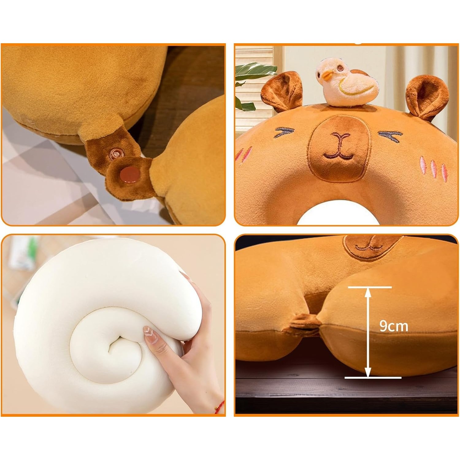 Perna de Calatorie in Forma de U, , Pentru Gat si Cap, Umplutura din Spuma cu Memorie, 30x30 cm, Model Capybara, Accesoriu de Voiaj, Birou, Masina, Sistem Prindere Capse, Maro - imagine 3