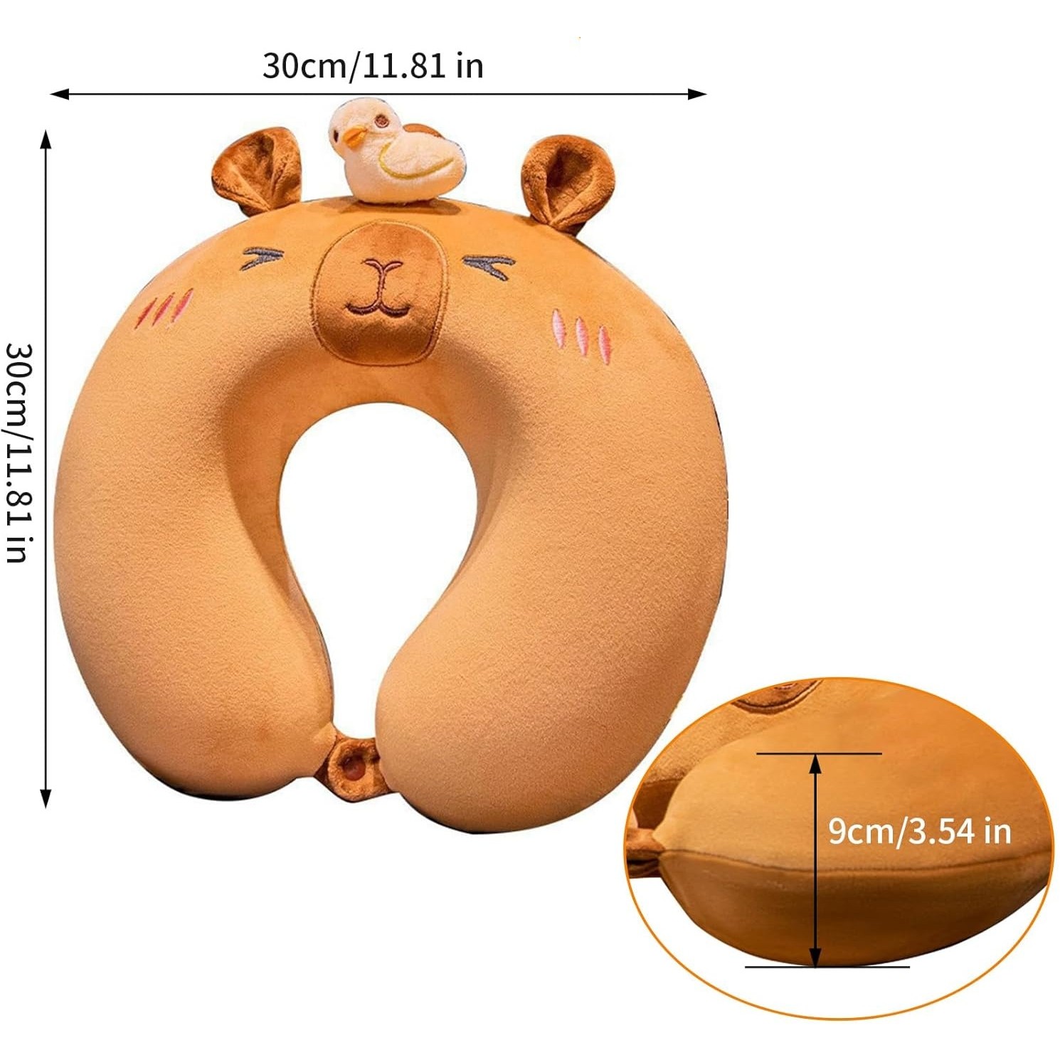 Perna de Calatorie in Forma de U, , Pentru Gat si Cap, Umplutura din Spuma cu Memorie, 30x30 cm, Model Capybara, Accesoriu de Voiaj, Birou, Masina, Sistem Prindere Capse, Maro - imagine 4