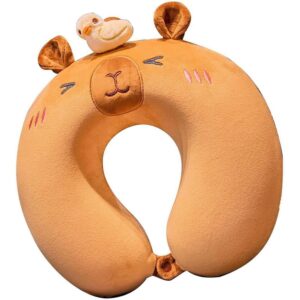 Perna de Calatorie in Forma de U, , Pentru Gat si Cap, Umplutura din Spuma cu Memorie, 30x30 cm, Model Capybara, Accesoriu de Voiaj, Birou, Masina, Sistem Prindere Capse, Maro