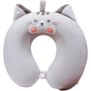 Perna de Calatorie in Forma de U, , Pentru Gat si Cap, Umplutura din Spuma cu Memorie, 30x30 cm, Model Pisica, Accesoriu de Voiaj, Birou, Masina, Sistem Prindere Capse, Gri