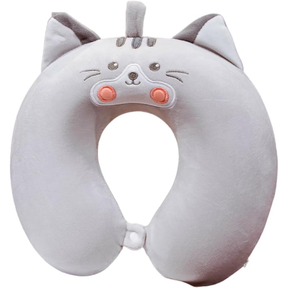 Perna de Calatorie in Forma de U, , Pentru Gat si Cap, Umplutura din Spuma cu Memorie, 30x30 cm, Model Pisica, Accesoriu de Voiaj, Birou, Masina, Sistem Prindere Capse, Gri