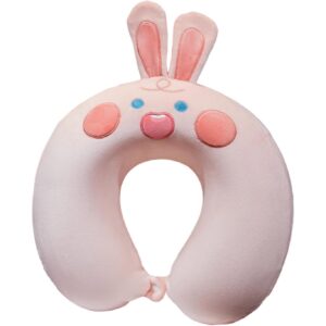 Perna de Calatorie in Forma de U, , Pentru Gat si Cap, Umplutura din Spuma cu Memorie, 30x30 cm, Model Iepuras, Accesoriu de Voiaj, Birou, Masina, Sistem Prindere Capse, Roz