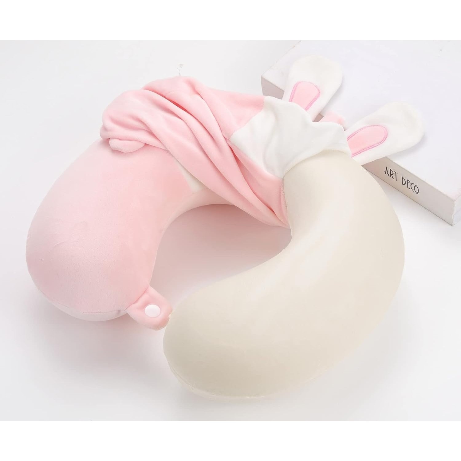 Perna de Calatorie in Forma de U, , Pentru Gat si Cap, Umplutura din Spuma cu Memorie, 30x30 cm, Model Iepuras, Accesoriu de Voiaj, Birou, Masina, Sistem Prindere Capse, Roz-Alb - imagine 2