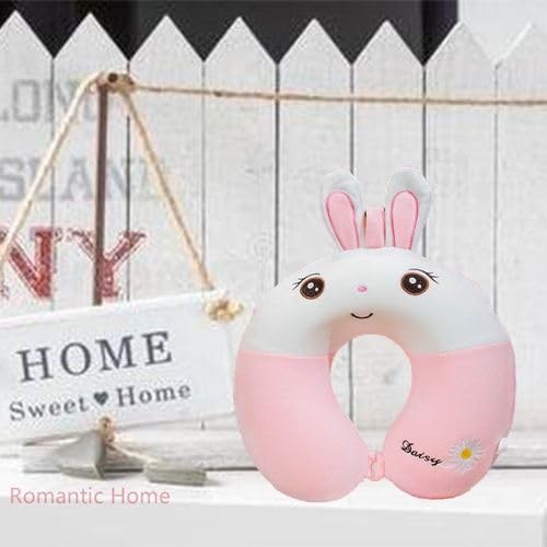 Perna de Calatorie in Forma de U, , Pentru Gat si Cap, Umplutura din Spuma cu Memorie, 30x30 cm, Model Iepuras, Accesoriu de Voiaj, Birou, Masina, Sistem Prindere Capse, Roz-Alb - imagine 3