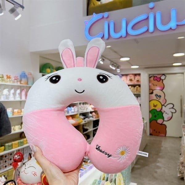 Perna de Calatorie in Forma de U, , Pentru Gat si Cap, Umplutura din Spuma cu Memorie, 30x30 cm, Model Iepuras, Accesoriu de Voiaj, Birou, Masina, Sistem Prindere Capse, Roz-Alb - imagine 4