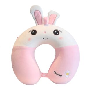 Perna de Calatorie in Forma de U, , Pentru Gat si Cap, Umplutura din Spuma cu Memorie, 30x30 cm, Model Iepuras, Accesoriu de Voiaj, Birou, Masina, Sistem Prindere Capse, Roz-Alb