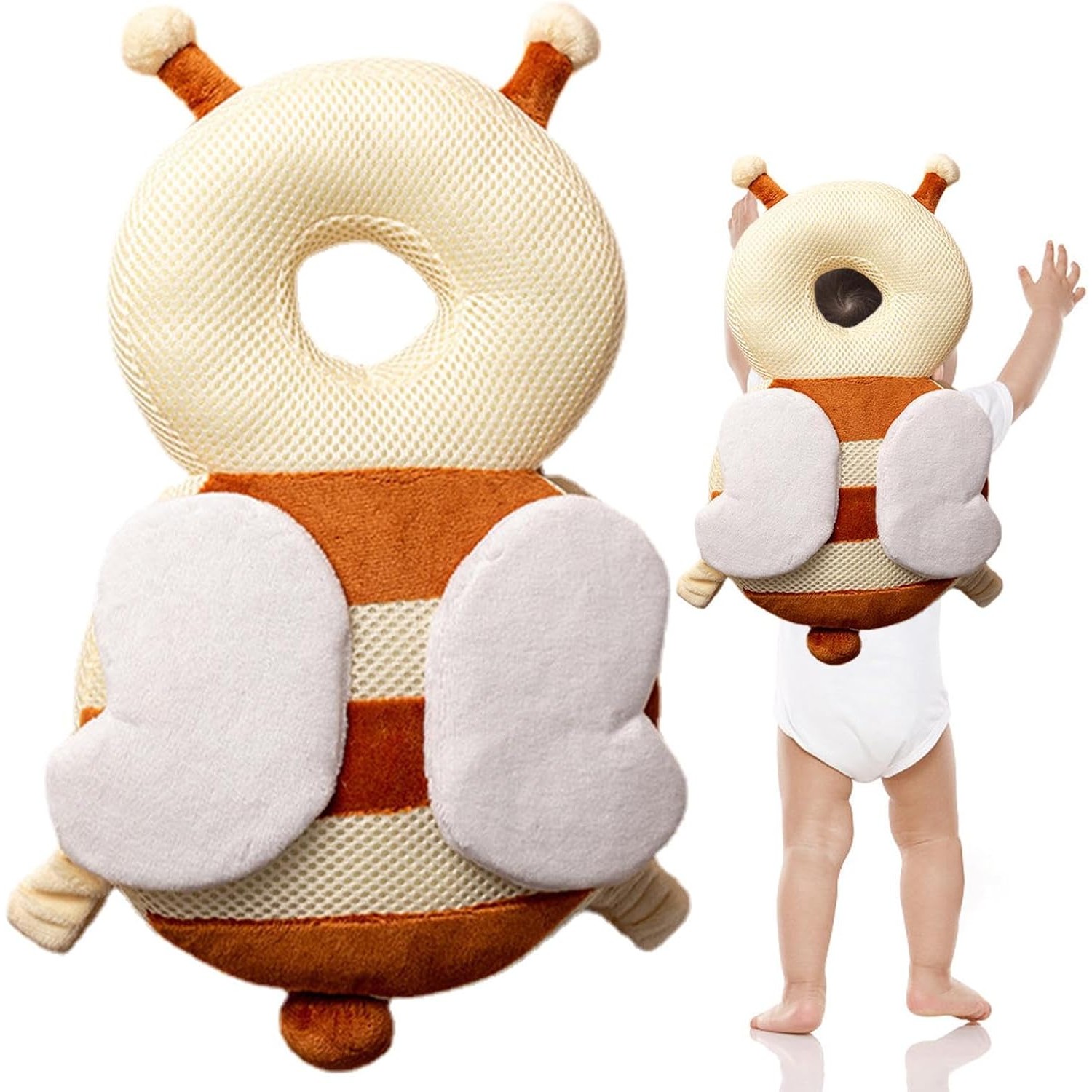 Perna tip Rucsac pentru Protectia Capului, , Tetiera tip Albina, pentru Bebelusi, Design tip Plasa, 33x6x19 cm, 180 g, Maro/Bej - imagine 4