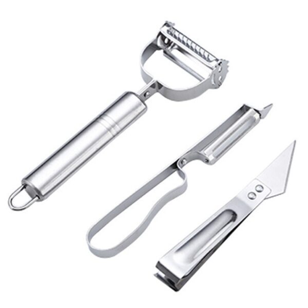 Accesorii de Curatat Decojit Fructe Legume, , Set 3 Piese, Feliator Cutit Decojitor, Legume si Fructe, din Otel Inoxidabil, cu Maner, Argintiu