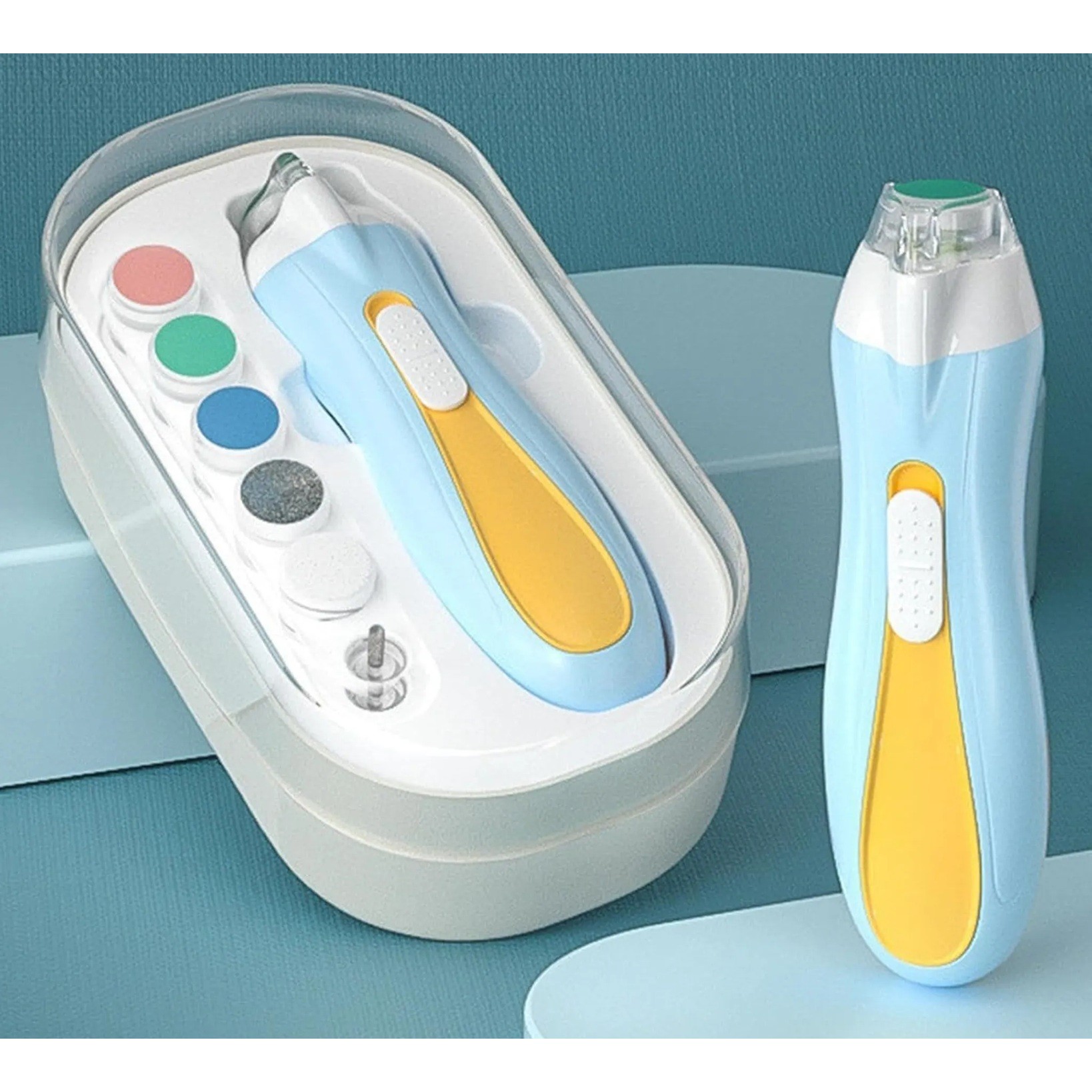 Pila Electrica, , pentru Copii si Bebelusi, din ABS, 6 Accesorii, cu Lumina LED, 9.5 x 6 x 17 cm, Albastru/Portocaliu - imagine 3