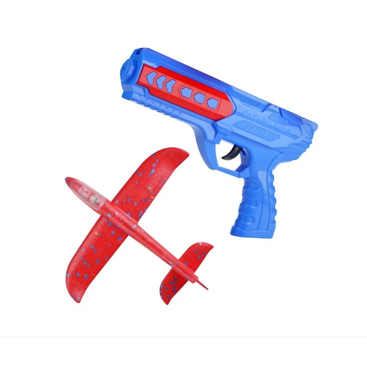 Pistol cu Lansator de Avion, , din Polistiren+Plastic, +3 Ani, Avion 24 cm, Lansare 10 m, cu Lumini, Albastru/Rosu - imagine 2