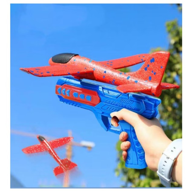 Pistol cu Lansator de Avion, , din Polistiren+Plastic, +3 Ani, Avion 24 cm, Lansare 10 m, cu Lumini, Albastru/Rosu - imagine 3
