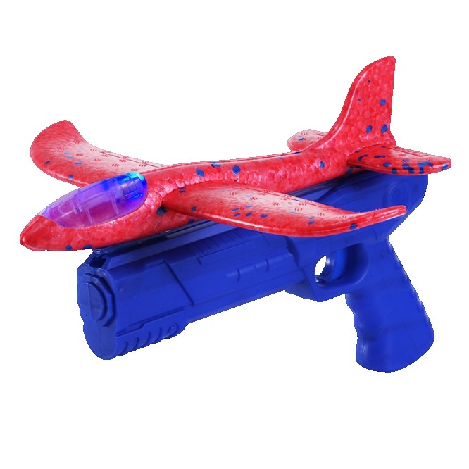 Pistol cu Lansator de Avion, , din Polistiren+Plastic, +3 Ani, Avion 24 cm, Lansare 10 m, cu Lumini, Albastru/Rosu