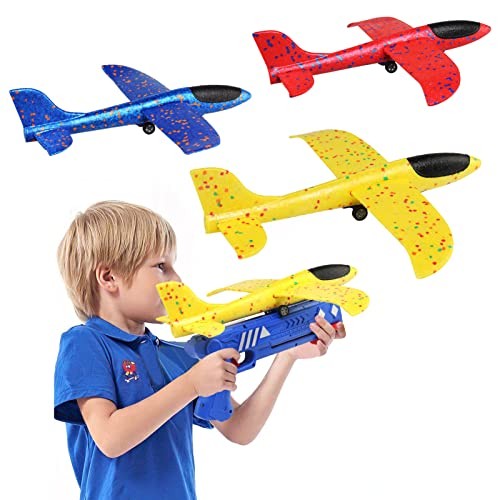 Pistol cu Lansator de Avion, , din Polistiren+Plastic, +3 Ani, Avion 38 cm, Lansare 10 m, cu Lumini si Roti, Galben/Albastru - imagine 3