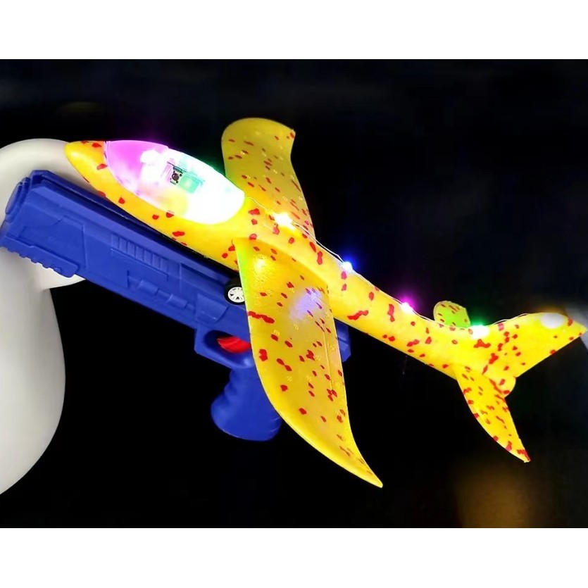 Pistol cu Lansator de Avion, , din Polistiren+Plastic, +3 Ani, Avion 38 cm, Lansare 10 m, cu Lumini si Roti, Galben/Albastru - imagine 4