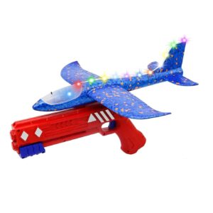 Pistol cu Lansator de Avion, , din Polistiren+Plastic, +3 Ani, Avion 38 cm, Lansare 10 m, cu Lumini si Roti, Rosu/Albastru