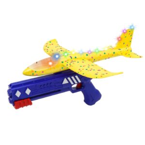 Pistol cu Lansator de Avion, , din Polistiren+Plastic, +3 Ani, Avion 38 cm, Lansare 10 m, cu Lumini si Roti, Galben/Albastru