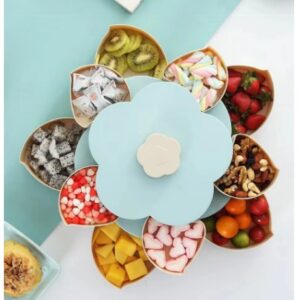 Tava pentru Servire, , pentru Fructe / Legume / Snackuri, cu Sertare, Deschidere Rotativa, pe 2 Straturi, in Forma de Floare, 26 x 26 x 11.5 cm Albastru