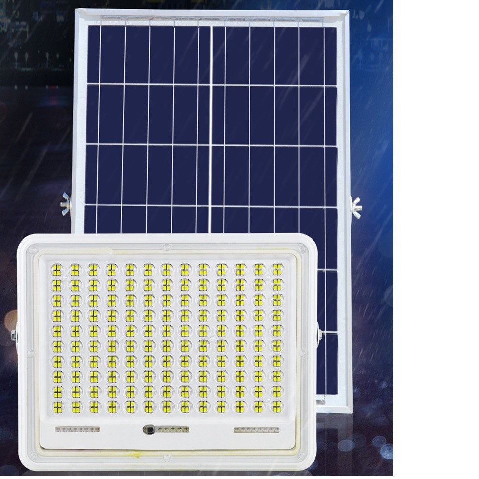 Proiector LED cu Panou Solar , Senzor de lumina Waterproof, 100W, 23x18 cm, suport U inclus, panou afisaj nivel baterie, telecomanda, 220V, Design Modern, Alb - imagine 3