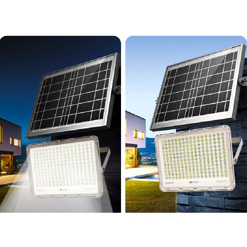 Proiector LED cu Panou Solar , Senzor de lumina Waterproof, 100W, 23x18 cm, suport U inclus, panou afisaj nivel baterie, telecomanda, 220V, Design Modern, Alb - imagine 4