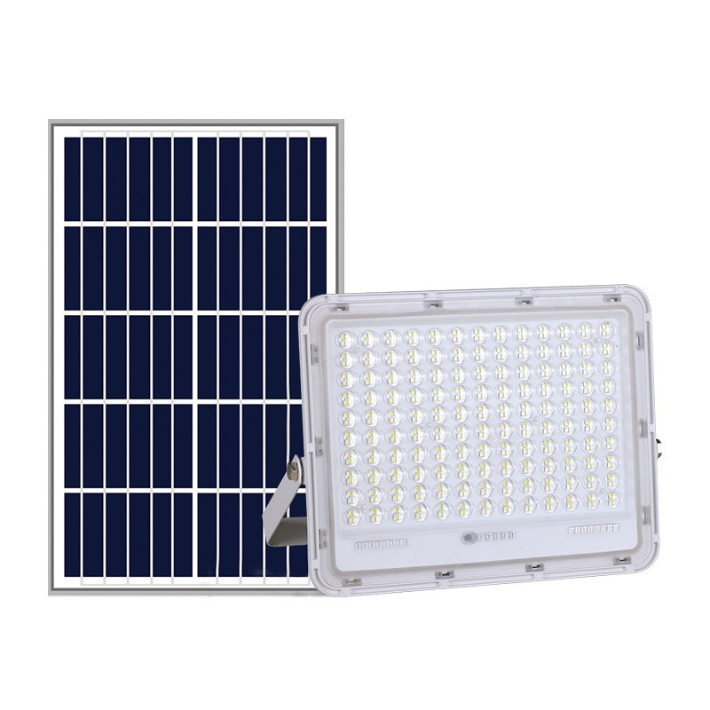 Proiector LED cu Panou Solar , Senzor de lumina Waterproof, 100W, 23x18 cm, suport U inclus, panou afisaj nivel baterie, telecomanda, 220V, Design Modern, Alb