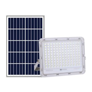 Proiector LED cu Panou Solar , Senzor de lumina Waterproof, 200W, 29x23 cm, suport U inclus, panou afisaj nivel baterie, telecomand, 220V, Design Modern, Alb