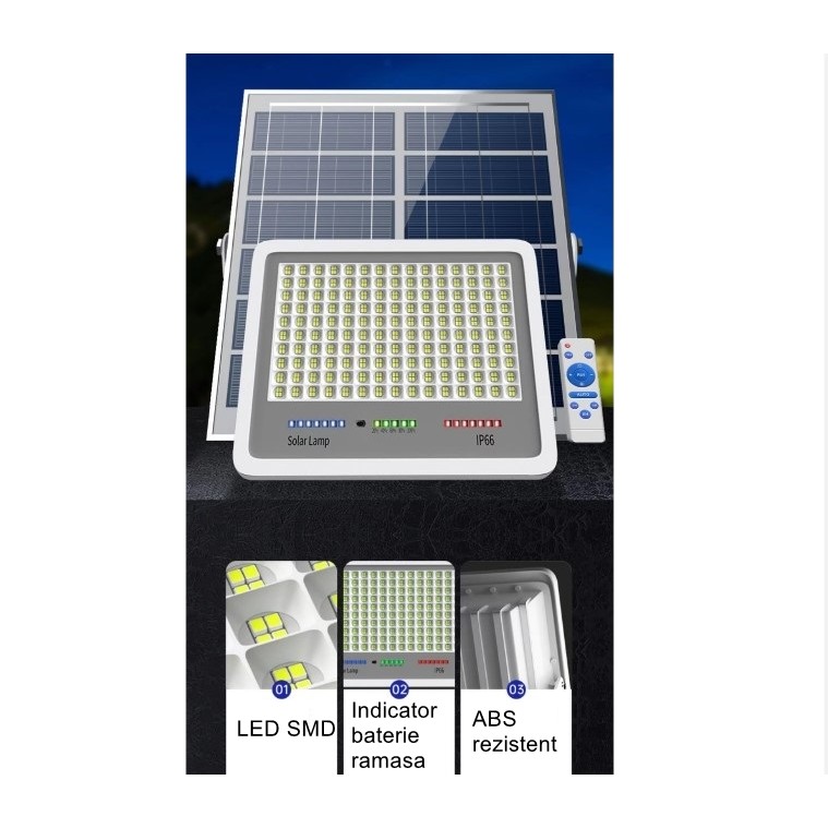 Proiector LED cu Panou Solar , Senzor lumina, Waterproof, 396 LED-uri incorporate, 200W, 30x24 cm, IP67, Design Modern, Negru - imagine 3