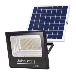 Proiector LED/Lampa solara de exterior , 20 cm x 25cm, Rezistent la Apa IP67, cu Panou Solar, 220 LED SMD, 65W, Senzor de lumina, Timer, cu Telecomanda, 2 moduri de iluminat, kit montaj inclus, Lumina Rece