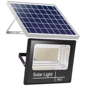 Proiector LED/Lampa solara de exterior , 22 cm x 27 cm, Rezistent la Apa IP67, cu Panou Solar, 281 LED SMD, 100W, Senzor de lumina, Timer, cu Telecomanda, 2 moduri de iluminat, kit montaj inclus, Lumina Rece