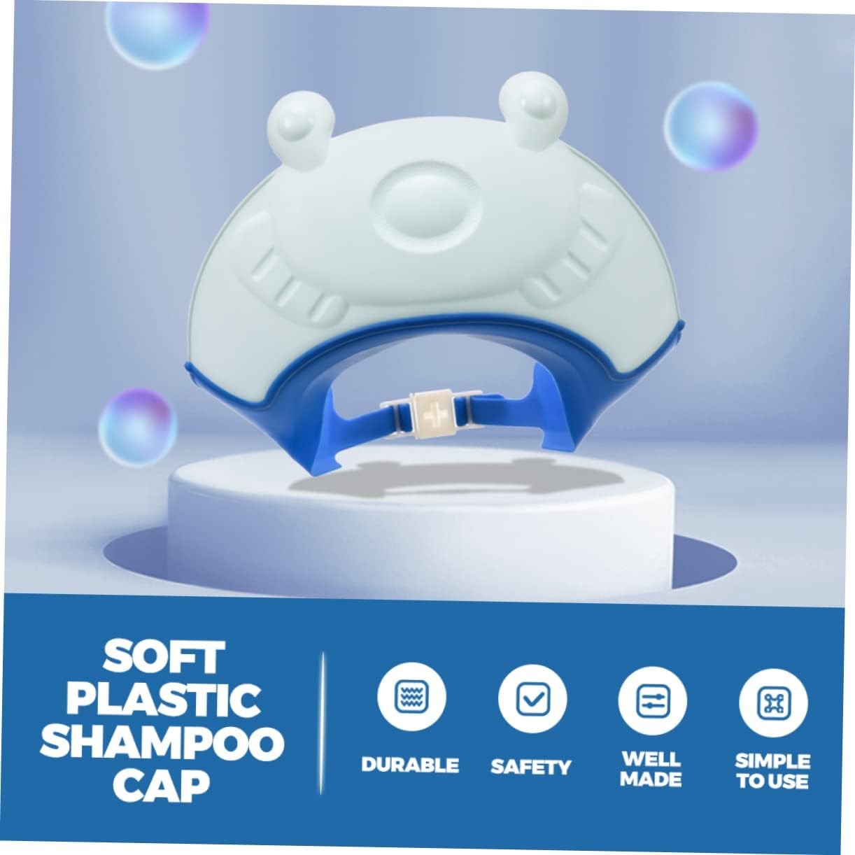 Viziera de Protectie Baie Pentru Copii, Fippy, Model Broasca, Dimensiune ajustabila, Durabil, Usor de curatat, Impotriva Samponului, pentru Ochi si Urechi, TPE+PP, 24x23 cm, Albastru - imagine 4