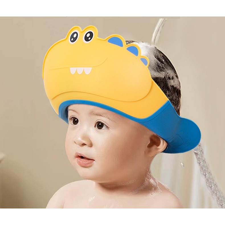 Casca de Dus, , Previne Scurgerea Apei si Samponului pe Fata, 0-12 Ani, Ajustabila, din TPE+PP, 20 x 23 cm, Model Crocodil, Galben/Albastru - imagine 4