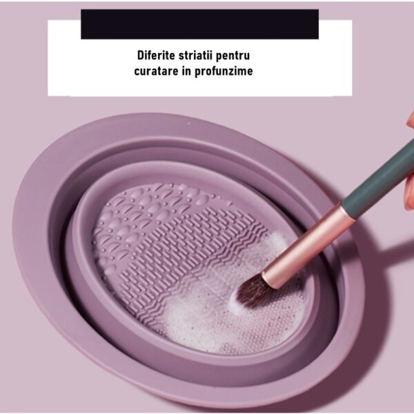 Accesoriu din silicon pentru curatarea accesoriilor makeup, pensule, buretei, 14.5 x 11,5 cm, 2 moduri de utilizare, pliabil, mov - imagine 2