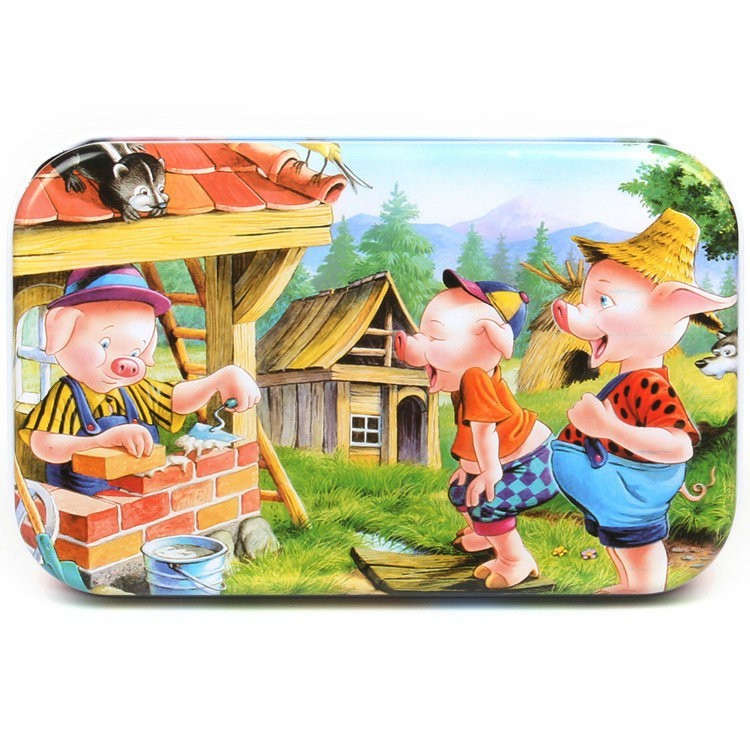 Puzzle 60 de Piese din Lemn in Cutie Metalica, , Model Cei Trei Purcelusi, Educativ, Dezvoltare Abilitati Cognitive, pentru Prescolari, 22.5x13.5 cm, Multicolor - imagine 4