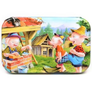 Puzzle 60 de Piese din Lemn in Cutie Metalica, , Model Cei Trei Purcelusi, Educativ, Dezvoltare Abilitati Cognitive, pentru Prescolari, 22.5x13.5 cm, Multicolor