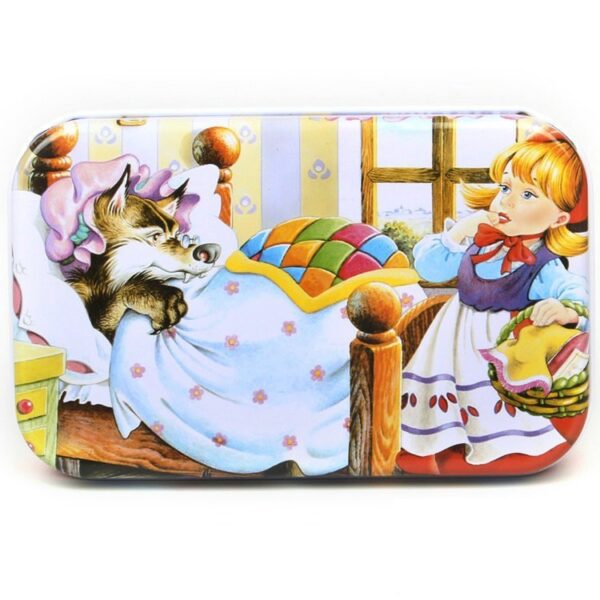 Puzzle 60 de Piese din Lemn in Cutie Metalica, , Model Scufita Rosie, Educativ, Dezvoltare Abilitati Cognitive, pentru Prescolari, 22.5x13.5 cm, Multicolor