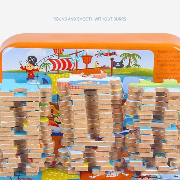 Puzzle 60 de Piese din Lemn in Cutie Metalica, , Model Submarin, Educativ, Dezvoltare Abilitati Cognitive, pentru Prescolari, 22.5x13.5 cm, Multicolor - imagine 3