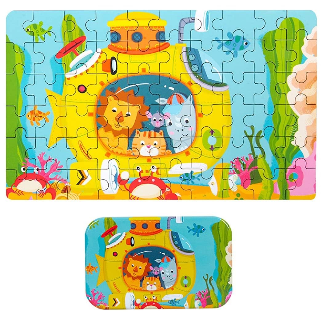 Puzzle 60 de Piese din Lemn in Cutie Metalica, , Model Submarin, Educativ, Dezvoltare Abilitati Cognitive, pentru Prescolari, 22.5x13.5 cm, Multicolor