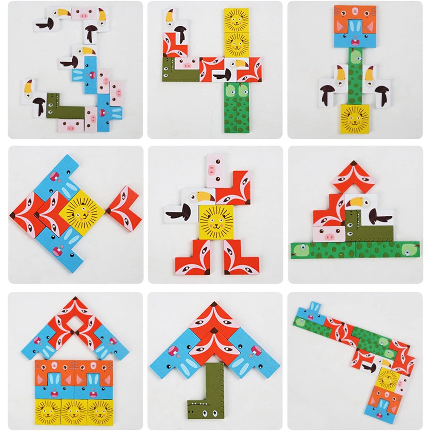 Puzzle din Lemn , Tip Tetris, +4 Ani, cu Animale Colorate 3D, 40 Piese, Multicolor - imagine 2