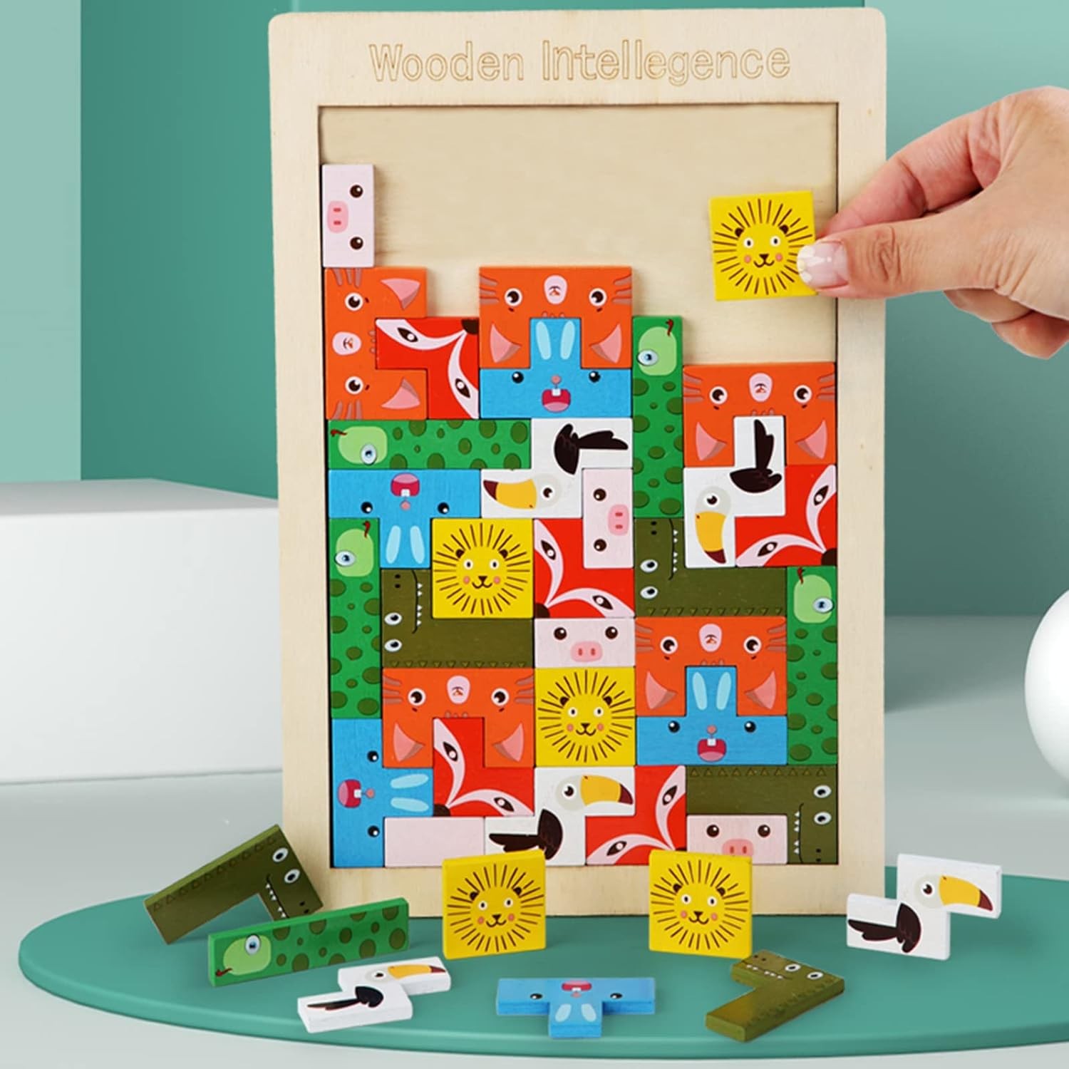 Puzzle din Lemn , Tip Tetris, +4 Ani, cu Animale Colorate 3D, 40 Piese, Multicolor - imagine 3