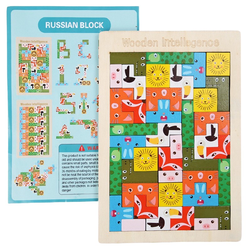 Puzzle din Lemn , Tip Tetris, +4 Ani, cu Animale Colorate 3D, 40 Piese, Multicolor